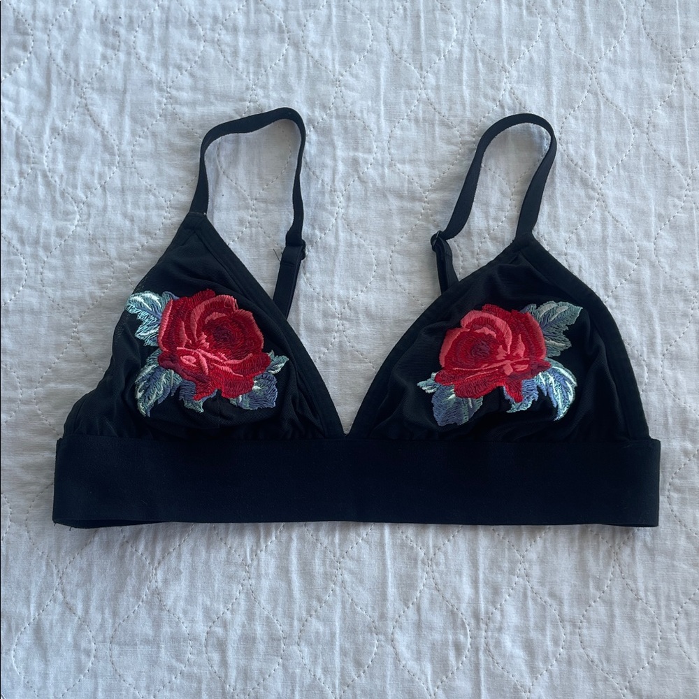 PINK Victoria's Secret Black Bralette with‎ Red Floral Design